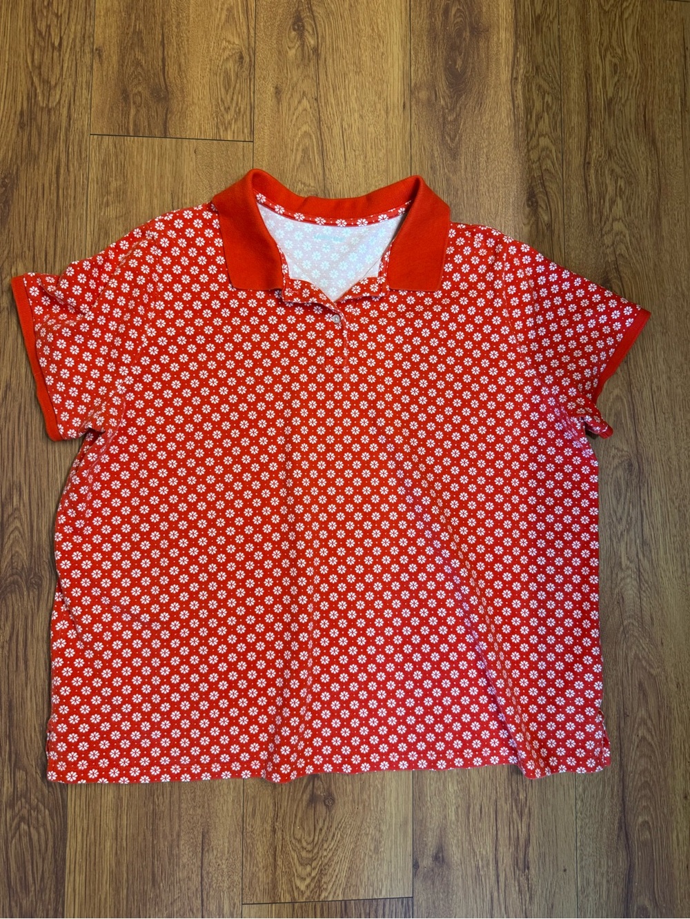 Lands' End Red Polo with White Daisy Pattern